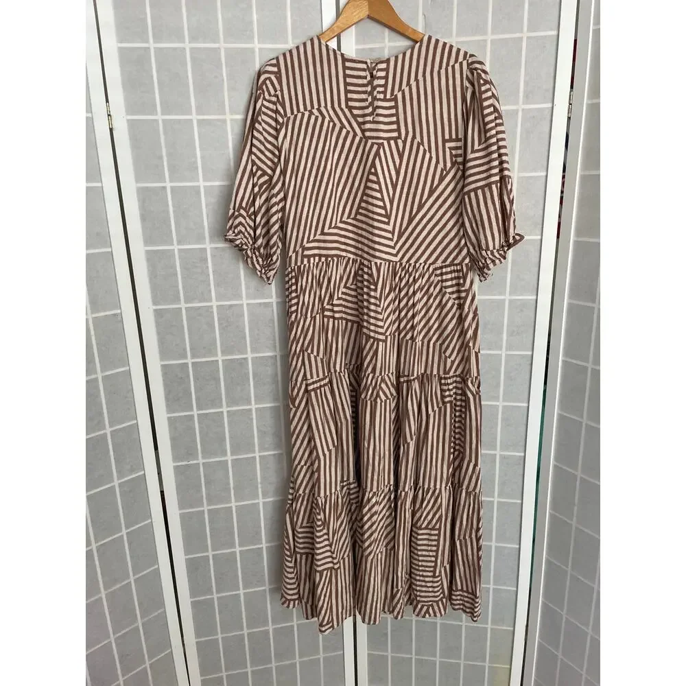 Mister Zimi Lottie Sahara Maxi Dress 12 Neutral Stripe Boho Lagenlook Pockets - Picture 3 of 9